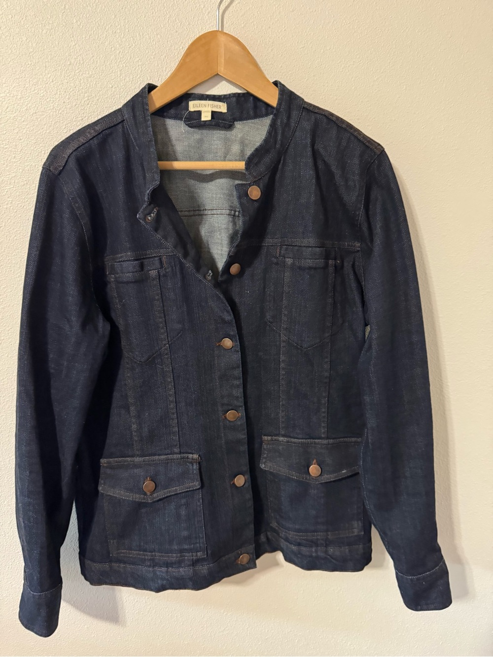 Eileen Fisher Mandarin Collar Stretch Denim Jacket Dark Wash Organic Cotton-XL